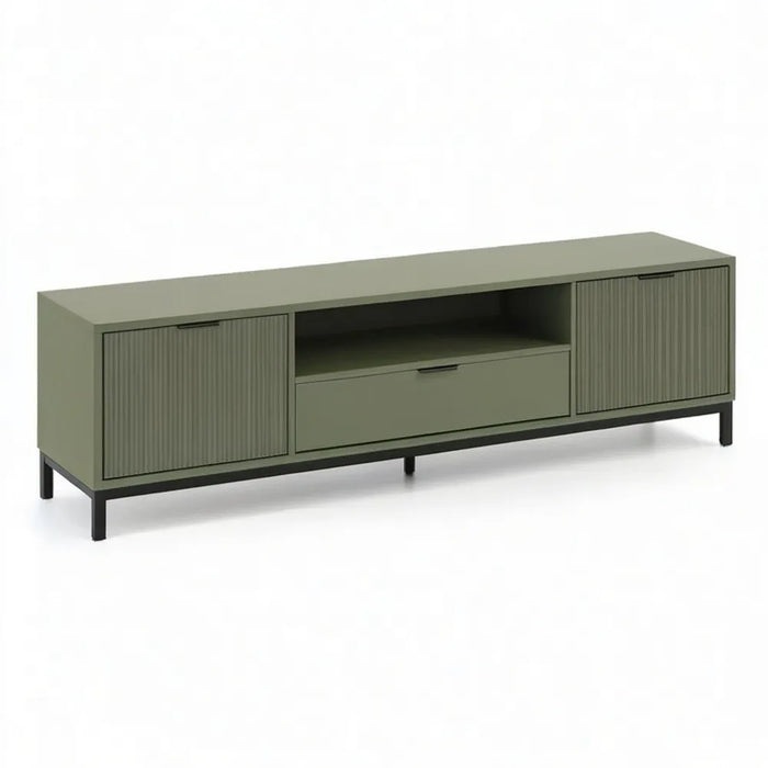 Szafka RTV, TV Lowboard z 2 szufladą drzwi MDF materiał drewniany i rama stalowa Zielony czarny 200 x 40 x 50 cm