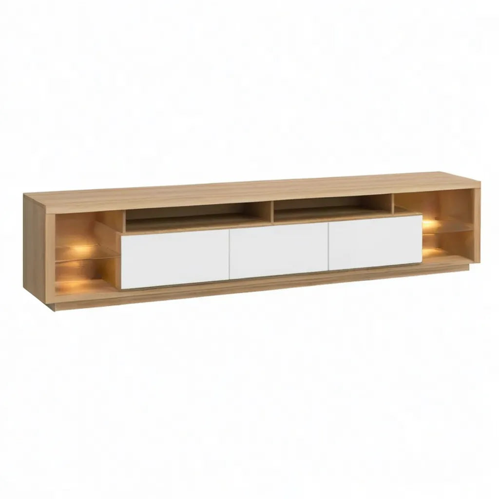 Szafka RTV, Prostokątna szafa TV 200 x 40 x 50 cm w panelach MDF z dębem i białą dekoracją z oświetleniem LED
