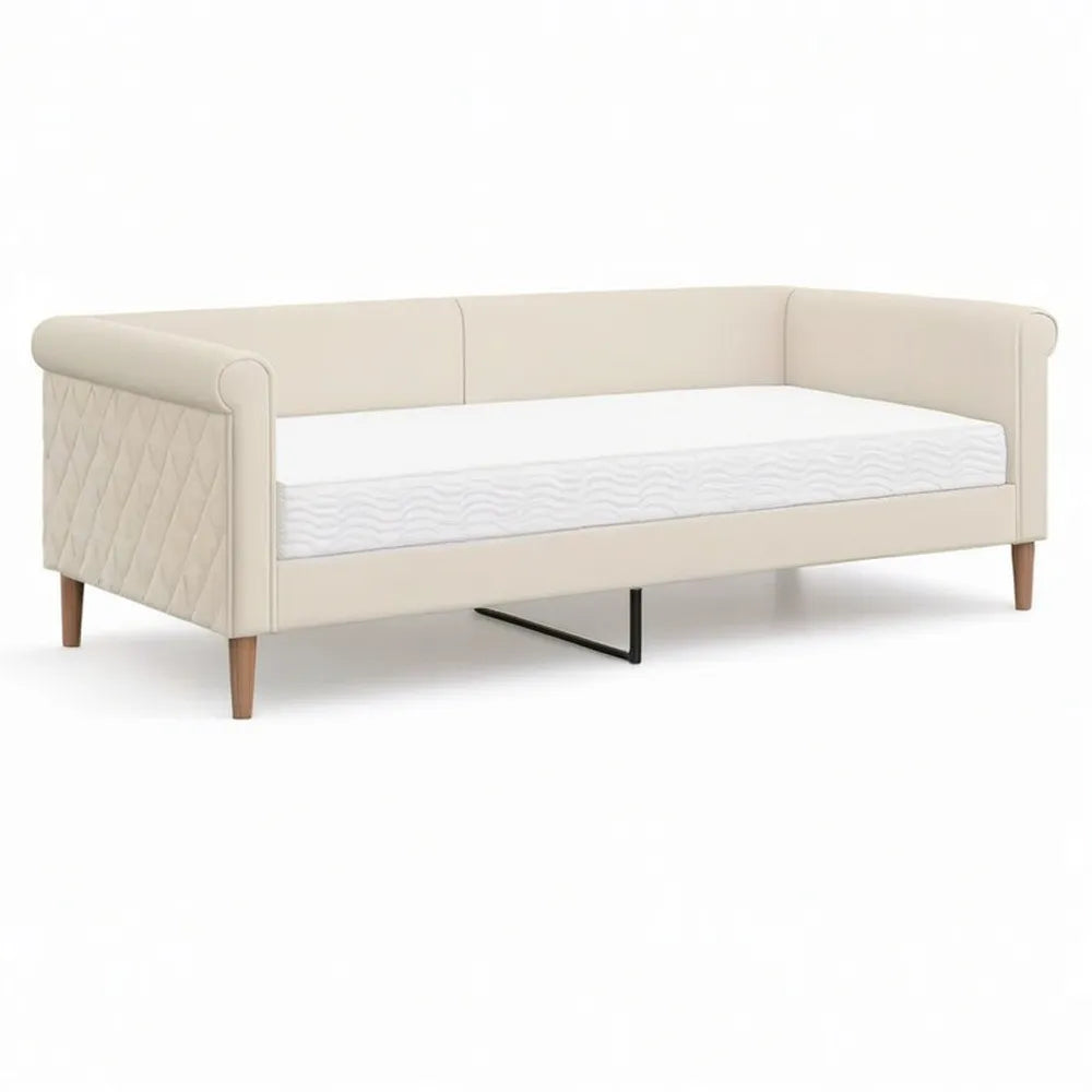 Łóżko dzienne 90 x 200 cm tapicerowany krem skórzany z kołnierzem i ramą łóżka