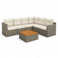 Sofa ogrodowa, Zestaw do siedzenia ogrodowego 300 x 300 cm szary z fotelem narożnym z polirattanu, stołem i poduszką
