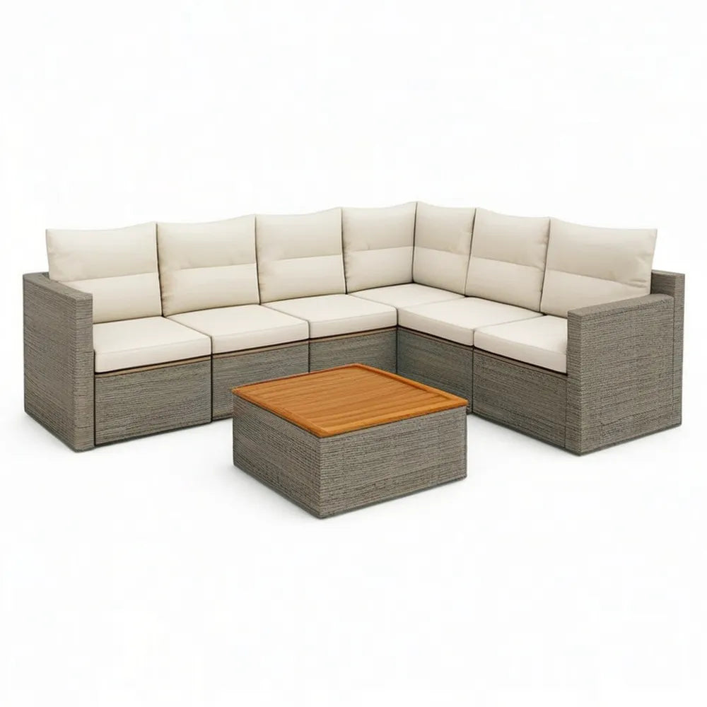 Sofa ogrodowa, Zestaw do siedzenia ogrodowego 300 x 300 cm szary z fotelem narożnym z polirattanu, stołem i poduszką