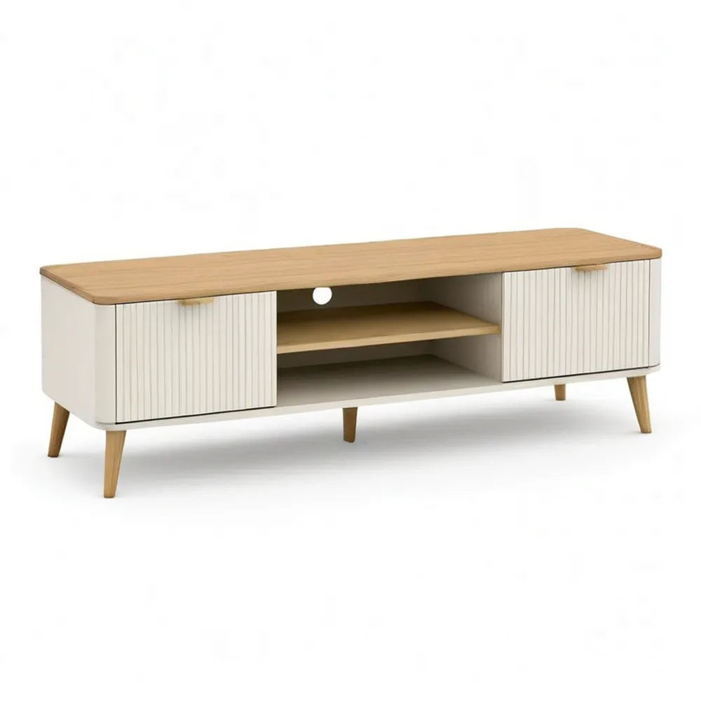 Szafka RTV, TV Lowboard 180 x 40 x 45 cm MDF Dąb naturalny biały z schowkiem i drzwiami
