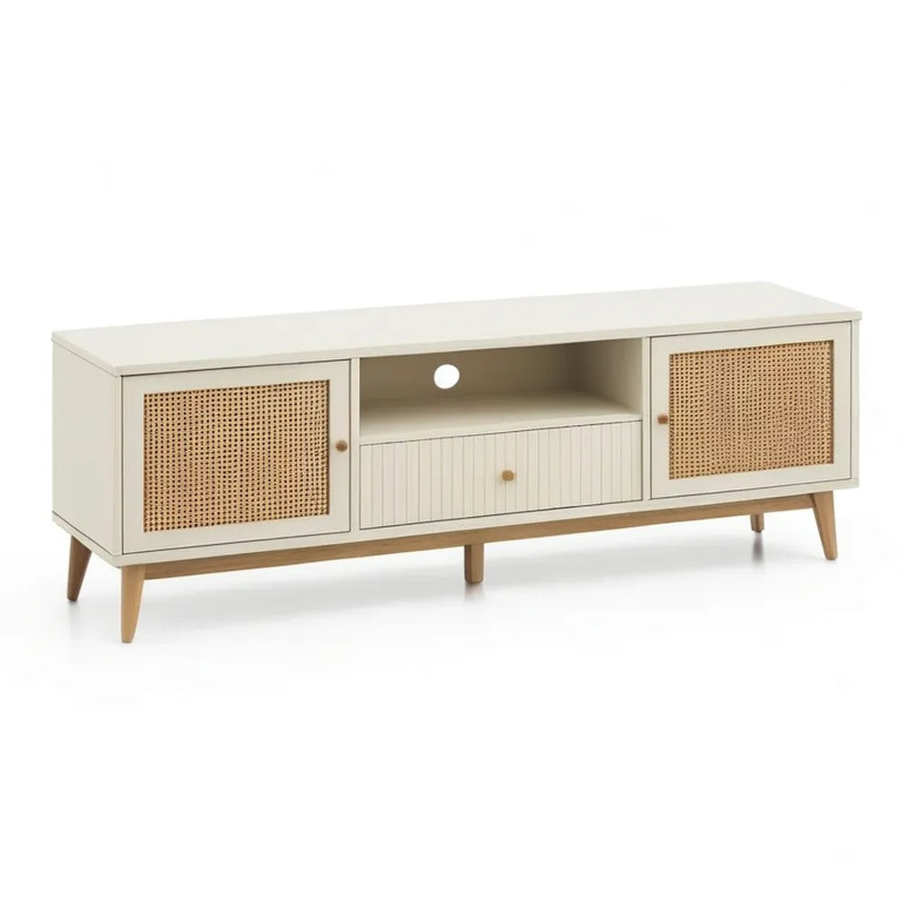 Szafka RTV, TV- Niskoskolistna z drzwiami rattanowymi MDF Holzoptik Cremeweiß / Naturfarben 180 x 40 x 55 cm