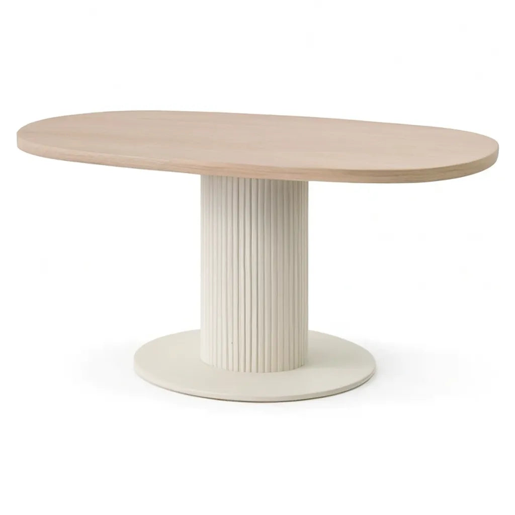 Stół do jadalni, Owalny stół jadalny 180 x 100 x 75 cm w otoczonym dekoltem MDF dębie beżowym z prążkowaną stopą centralną