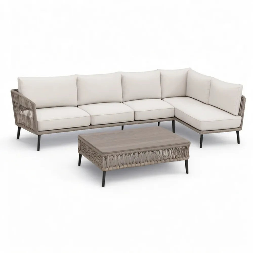 Sofa ogrodowa, Zestaw do sofy ogrodowej 280 x 80 x 70 cm z stolikiem do kawy Polirattan beżowy / szary