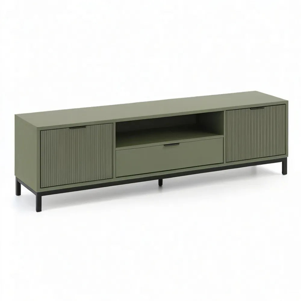 Szafka RTV, TV Lowboard z 2 szufladą drzwi MDF materiał drewniany i rama stalowa Zielony czarny 200 x 40 x 50 cm