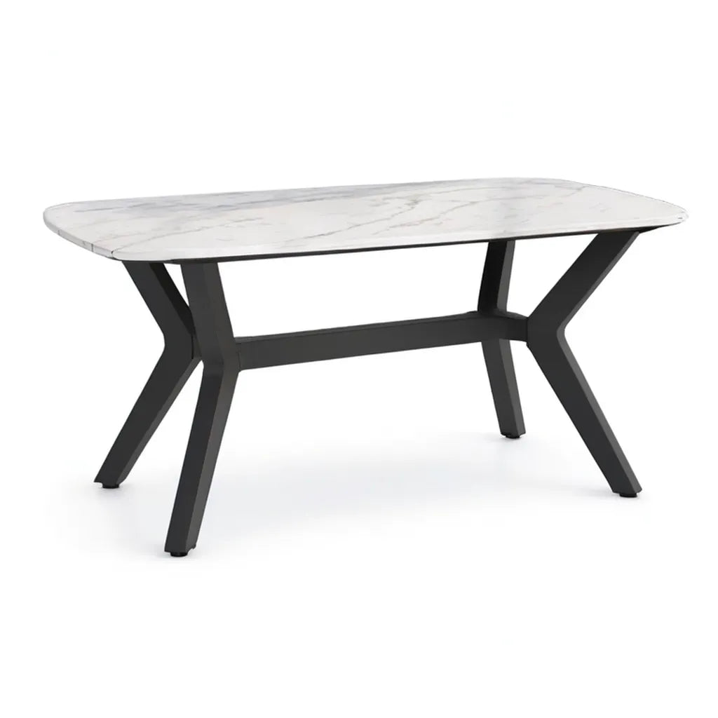 Stół do jadalni, Prostokątny stół jadalny 160 x 90 x 75 cm ceramiczny efekt szczytowy marmur biały czarne nóżki stalowe