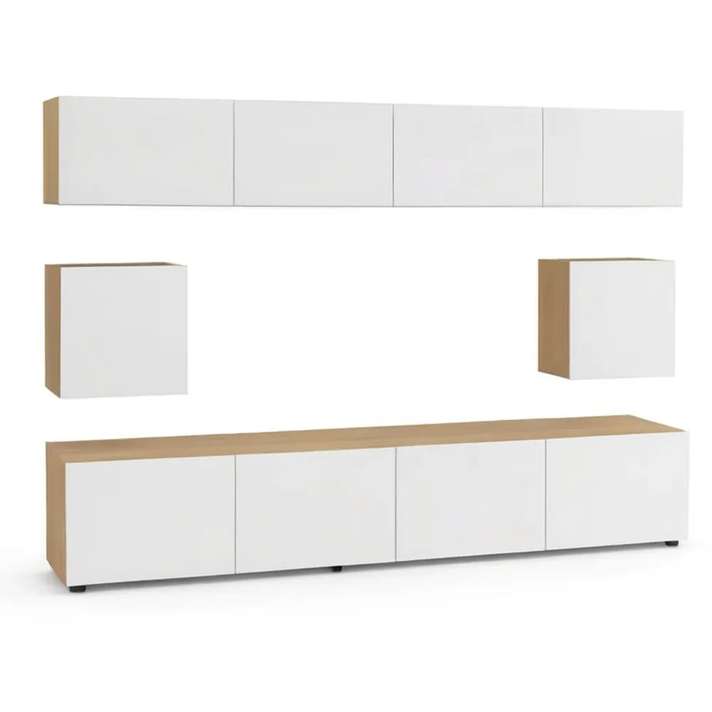 Szafka RTV, TV żywy zestaw ścienny 240 x 35 x 180 cm z półkami na ścianach nizinnych MDF Białe kolory naturalne