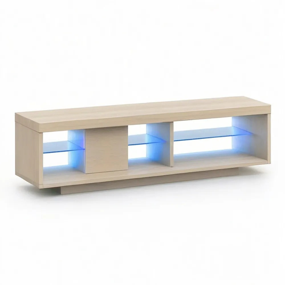 Szafka RTV, TV Lowboard 180 x 40 x 45 cm z oświetleniem LED przegródek magazynowych drewniane dekoracje beżowe
