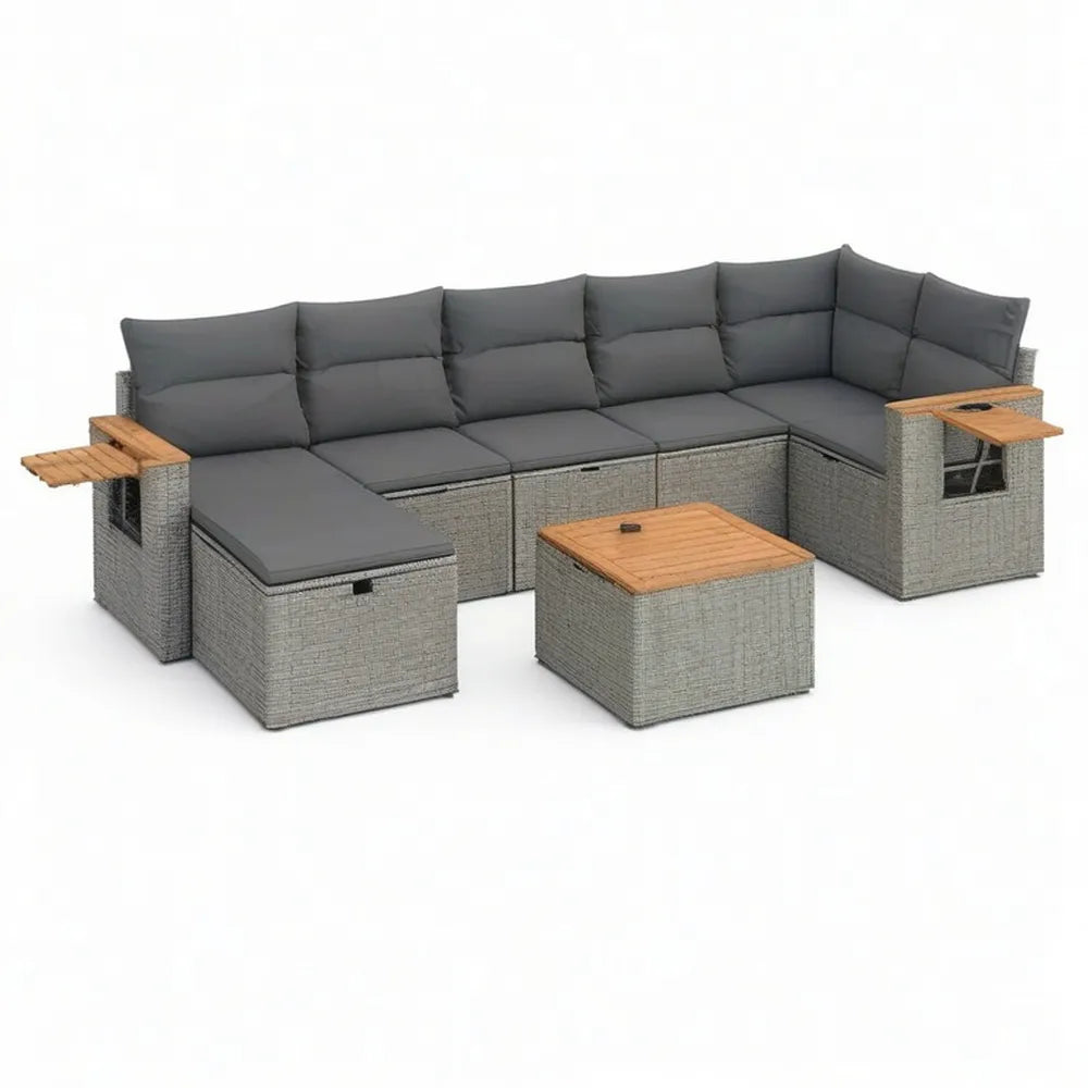Sofa ogrodowa, Salon ogrodowy 300 x 300 cm szary z narożną sofą stolik do kawy i polirattan braid