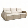 Sofa ogrodowa, Ogrodowa sofa salonik 3- fotel 210 x 85 cm beżowy z warkoczem polirattanowym i poduszką siedzenia