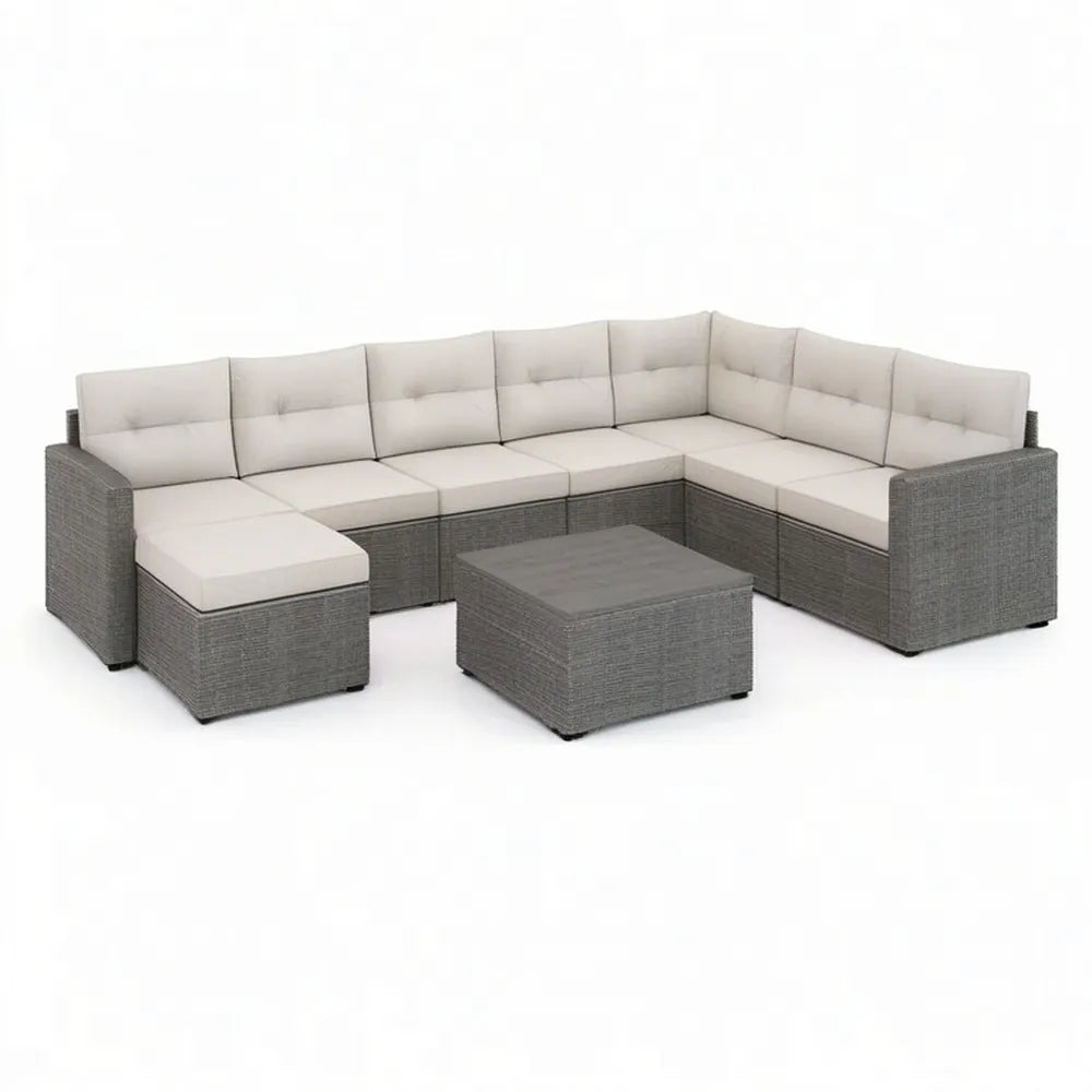 Sofa ogrodowa, Salon ogrodowy 300 x 300 cm Polirattan narożna sofa z tabeli i poduszki szary / jasnoszary