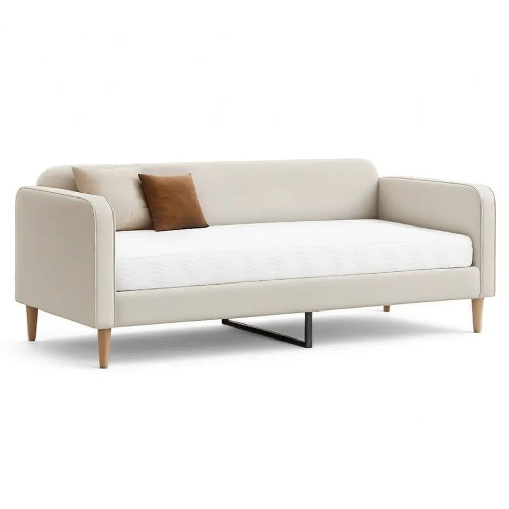 Łóżko sofa 140 x 200 cm dzień pościel beżowy z podłokietnikami i drewnianymi nóżkami