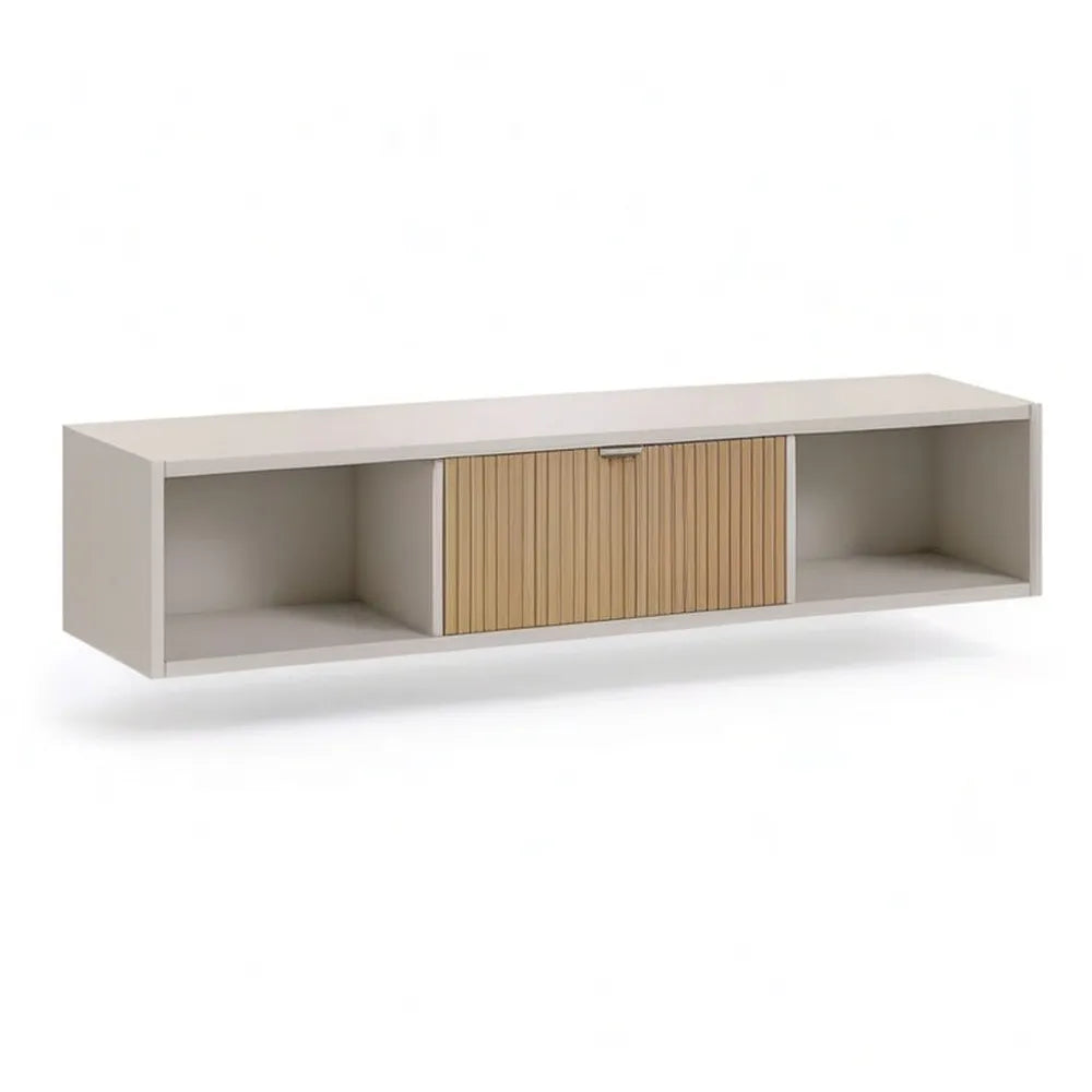 Szafka RTV, TV Niskostopowa z 2 otwartymi przegródkami i przesuwane drzwi płyta wiórowa drewniana dekoracja beżowa światło brązowe 180 x 35 x 40 cm