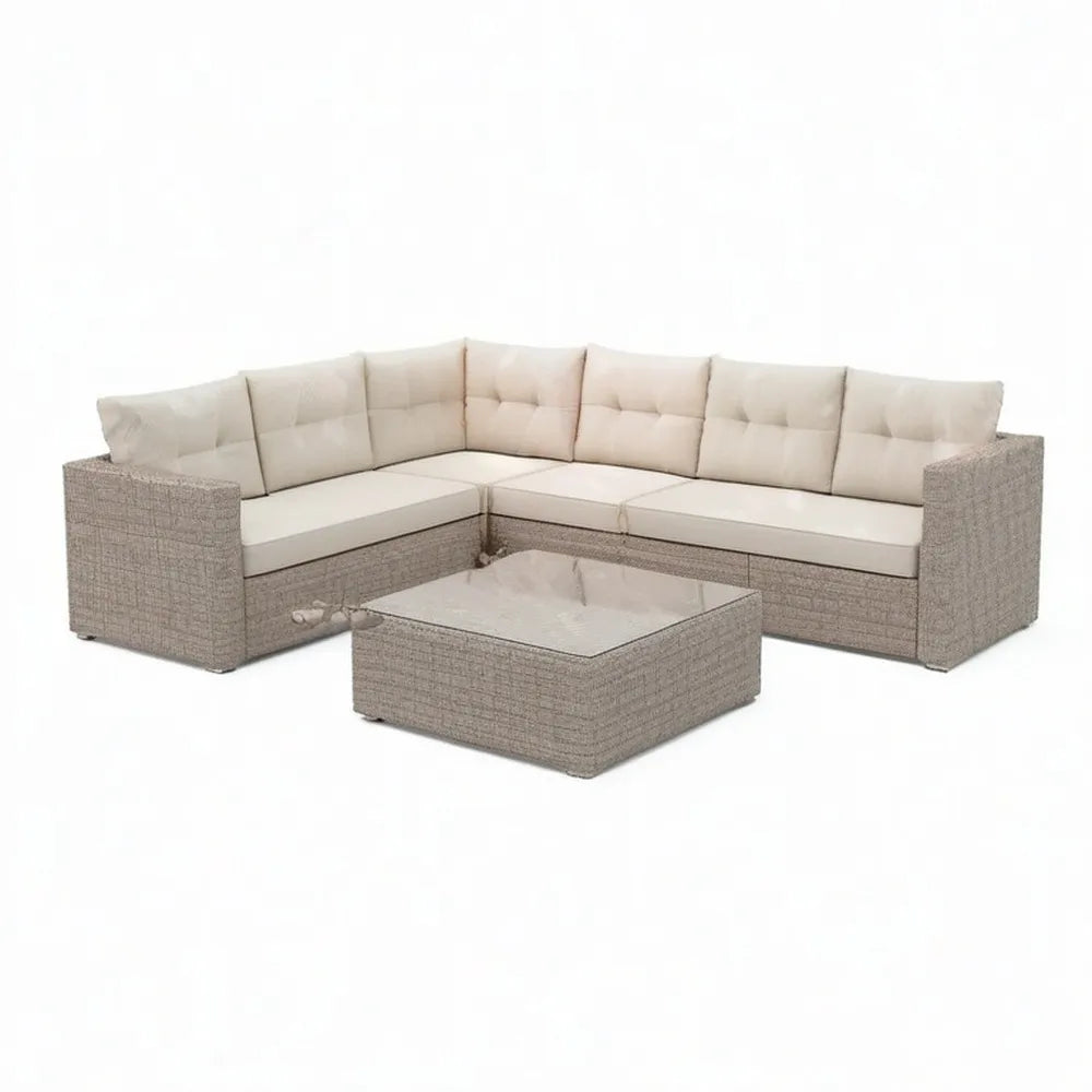 Sofa ogrodowa, Zestaw do siedzenia ogrodowego 4- część 260 x 260 cm szary / beżowy z narożną sofą z polirattanu, stołem i poduszką