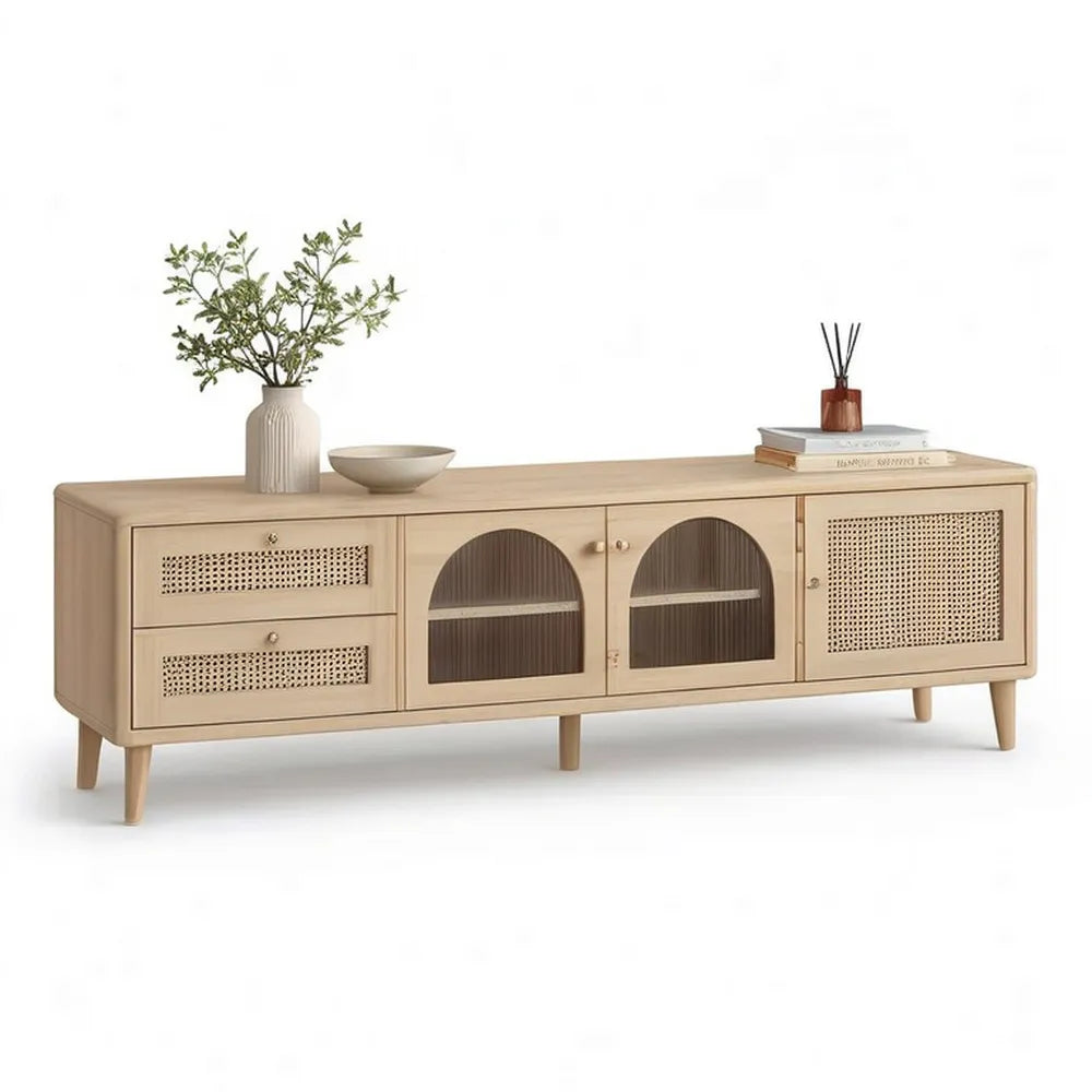 Szafka RTV, TV Płyta podłogowa MDF z szufladami drzwi i frontami szklana 200 x 40 x 55 cm beż / naturalna