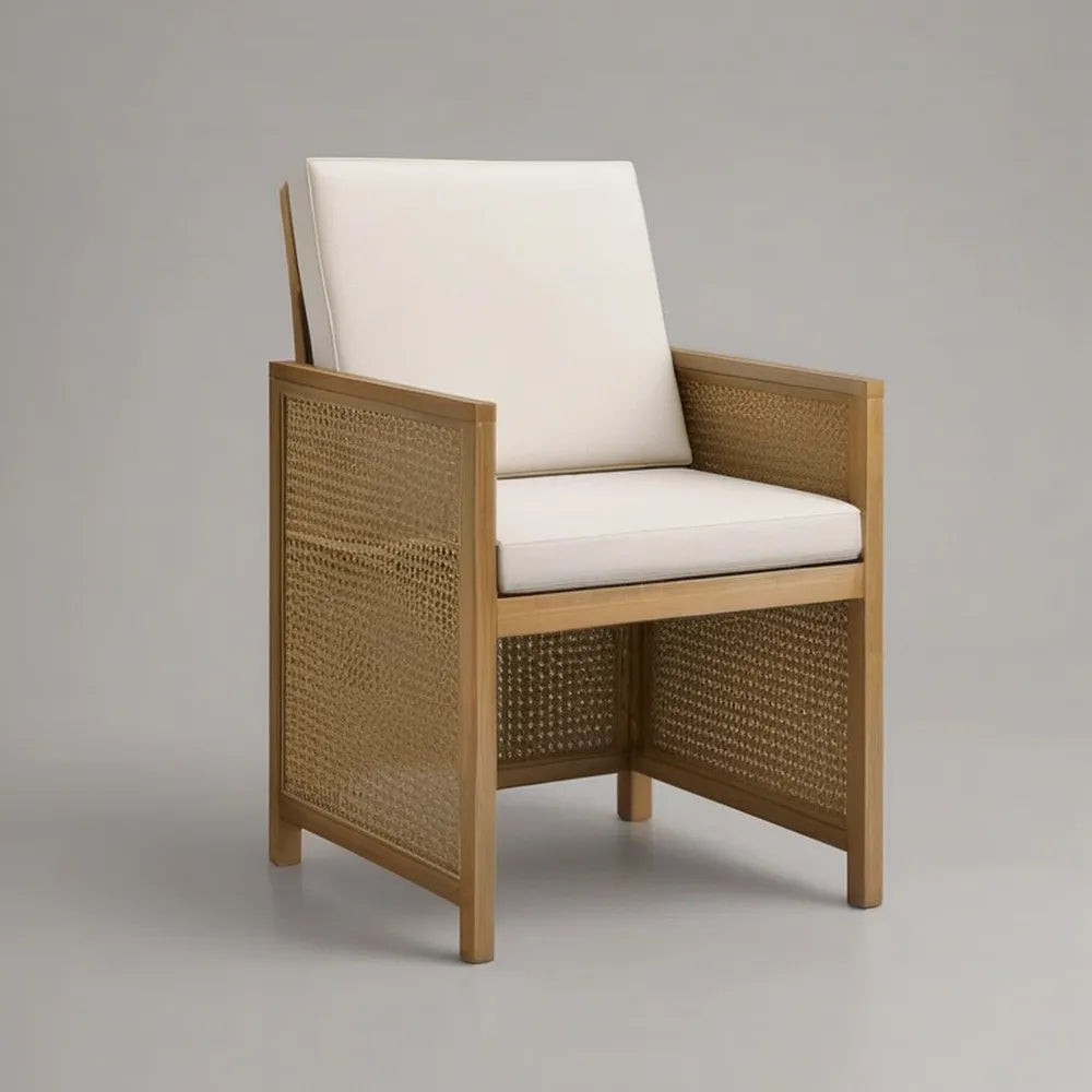Krzesło ogrodowe, Ogród fotel 75x70x85 cm w litym drewnie i syntetyczny rattan z kremem białe poduszki