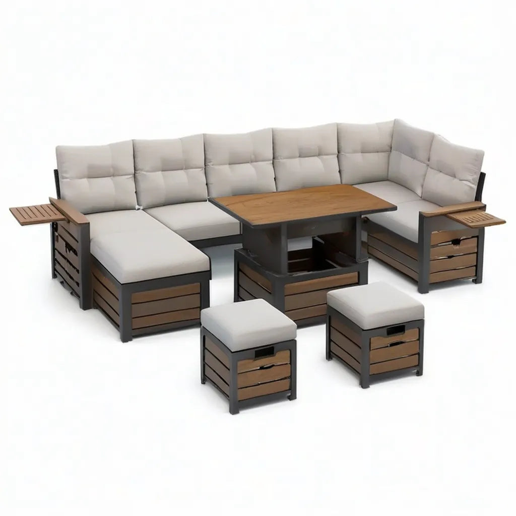 Sofa ogrodowa, 9- częściowy salon ogrodowy z narożną sofą podnoszącą stół i stoły aluminiowe WPC beige 250 x 190 cm