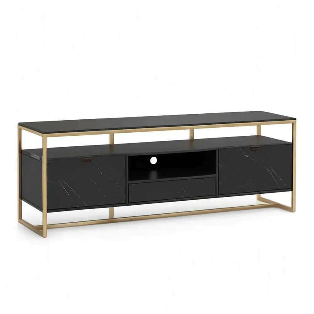 Szafka RTV, TV Płyta do pisania 200 x 40 x 50 cm z 2 szufladą drzwi MDF materiał na bazie drewna Czarne złoto marmur optyka