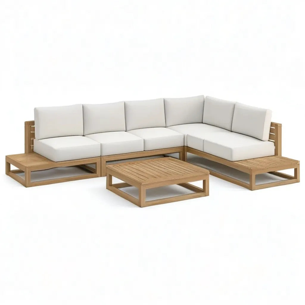 Sofa ogrodowa, Ogród Lounge narożna kanapa zestaw 5- fotel z litego drewna acacia stolik kawy prostokątna krem naturalna 236 x 236 cm stolik kawa 110 x 60 x 35 cm