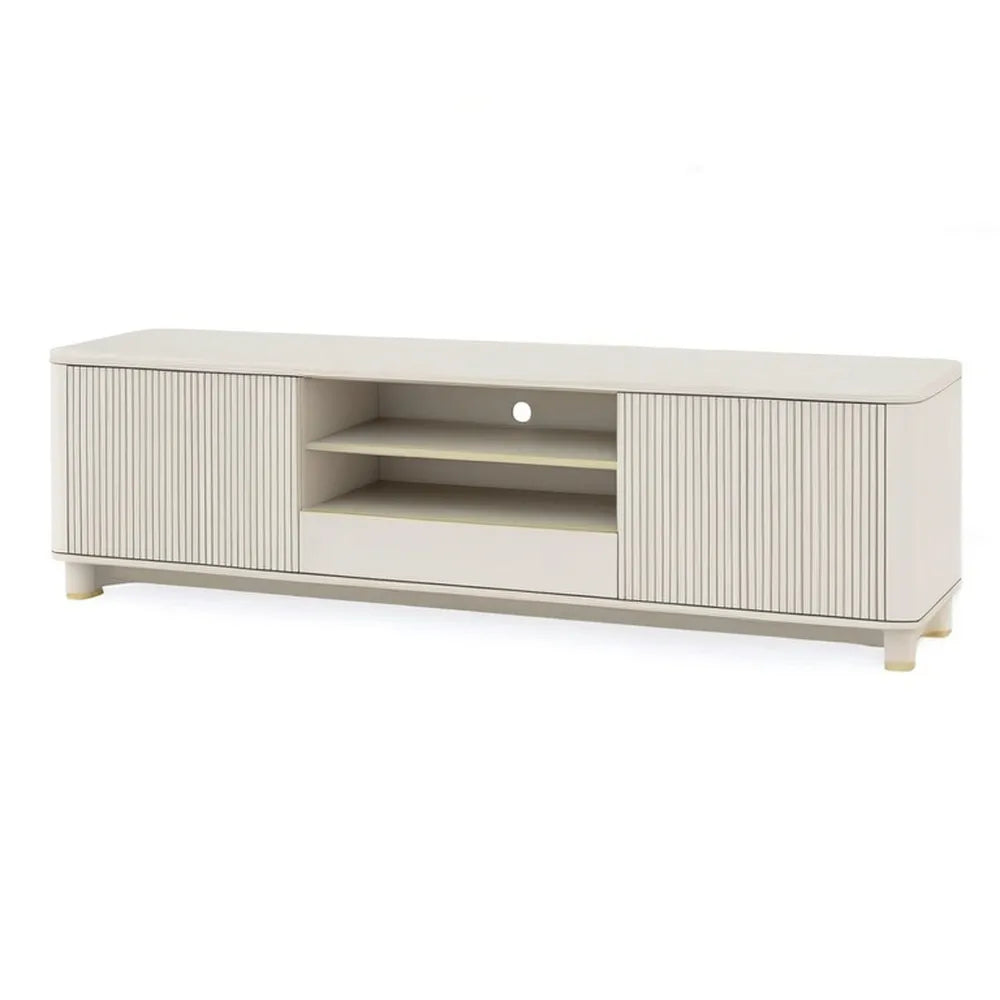 Szafka RTV, TV Niska płyta z rowkami Powierzchnia magazynowa MDF krem na bazie drewna biały złoto 200 x 40 x 50 cm