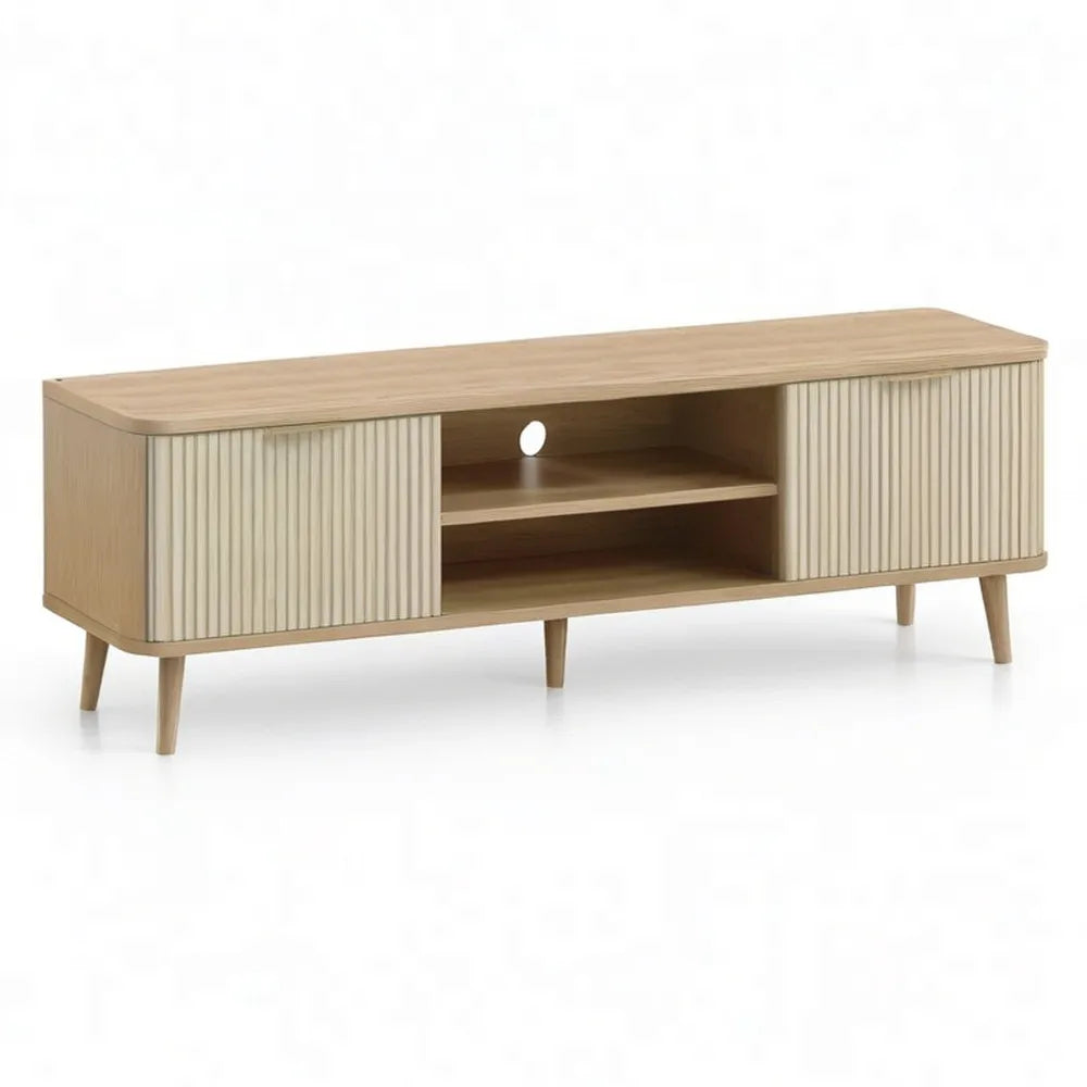 Szafka RTV, TV Płyta podłogowa 180 x 40 x 50 cm z materiału na bazie drewna MDF w dębowej optyce przyrodniczej z żebrowaną przednią dwoma drzwiami i schowkiem