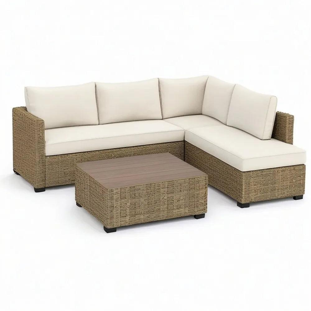 Sofa ogrodowa, Ogród salon zestaw narożna sofa z stolikiem do kawy PE rattan plecione beżowe krem biały 250 x 190 x 70 cm