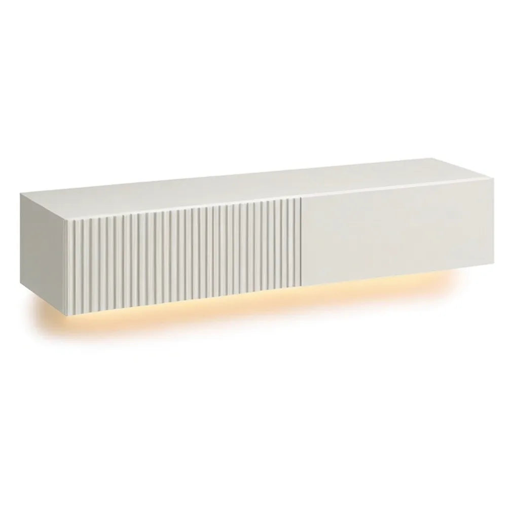 Szafka RTV, TV Lowboard 180 x 35 x 40 cm Biała z żebrowanymi frontami i oświetleniem LED