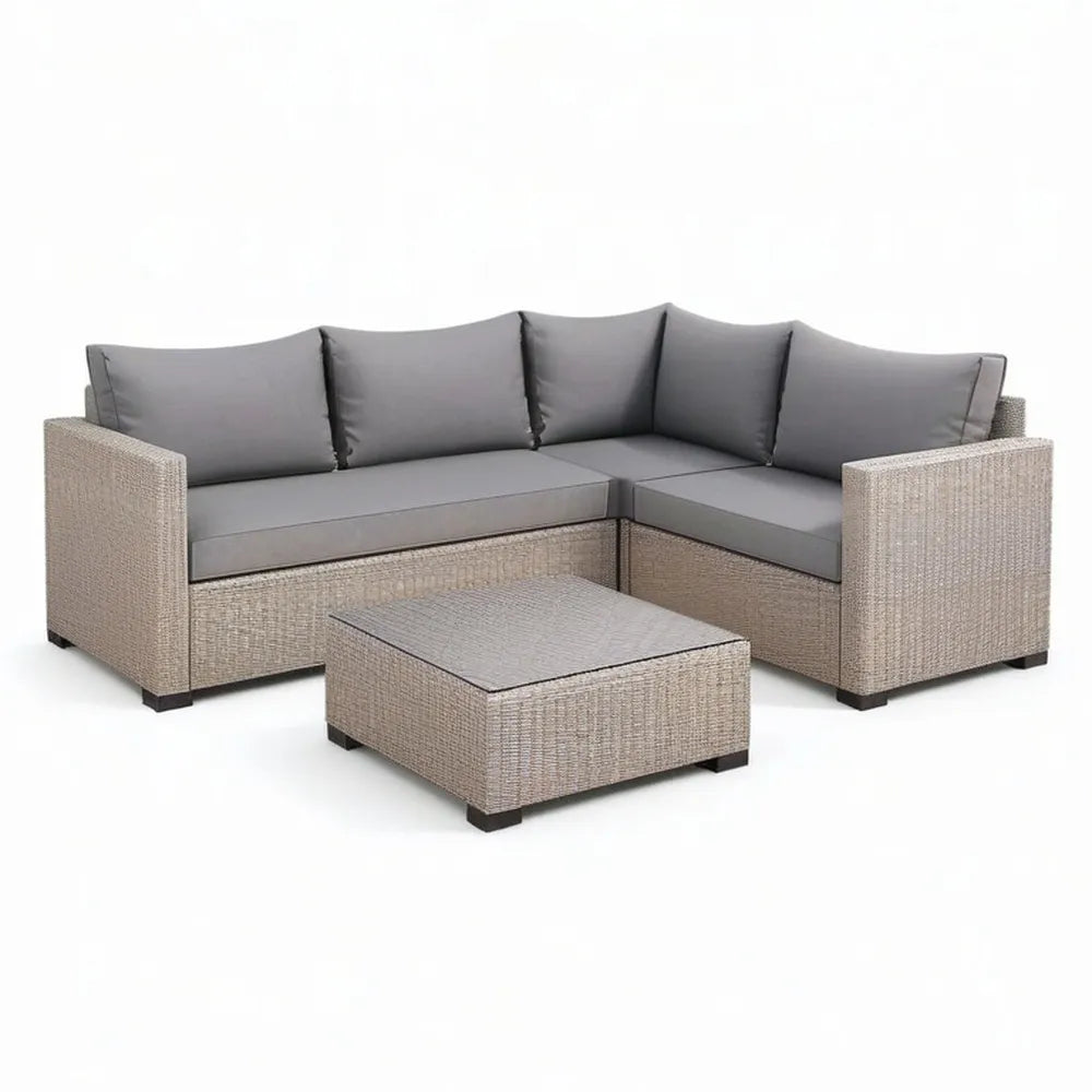Sofa ogrodowa, Zestaw do siedzenia ogrodowego 4- część z narożną sofą i stolikiem do kawy Polirattan szary Beige Transparent 300 x 220 x 70 cm