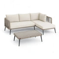 Sofa ogrodowa, Ogród salon zestaw narożna sofa z stolikiem kawowym 250 x 190 x 75 cm beżowy / jasnoszary z ramą aluminiową i poliestrowym sznurem